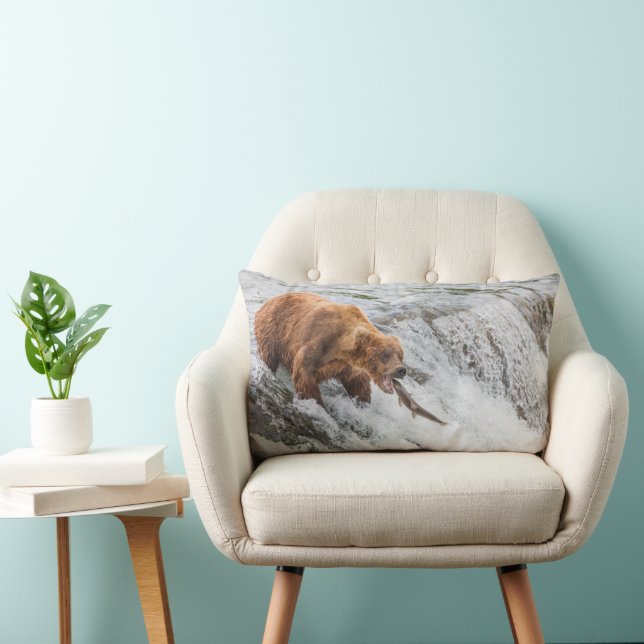Brown Bear Catches Red Salmon Lumbar Cushion (Chair)