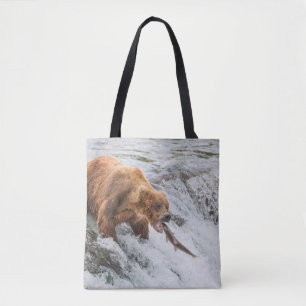 Brown Bear Catches Red Salmon Tote Bag