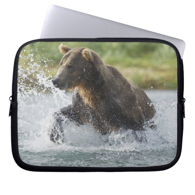 Brown Bear chasing salmon in river Laptop Sleeve (Front)