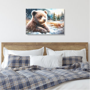 Brown Bear Cub in Winter Snow and Pine Trees Canvas Print