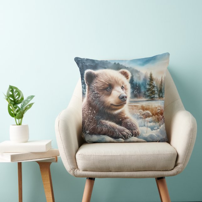 Brown Bear Cub in Winter Snow and Pine Trees Cushion (Chair)