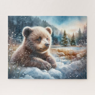 Brown Bear Cub in Winter Snow and Pine Trees Jigsaw Puzzle
