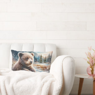 Brown Bear Cub in Winter Snow and Pine Trees Lumbar Cushion