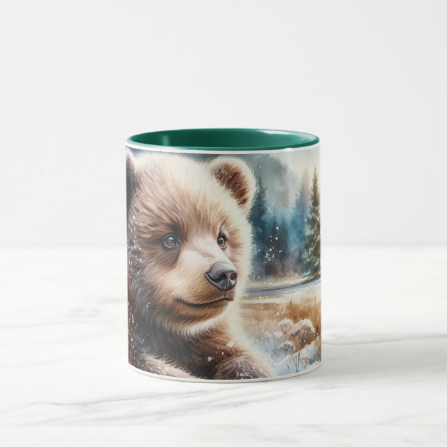 Brown Bear Cub in Winter Snow and Pine Trees Mug (Center)