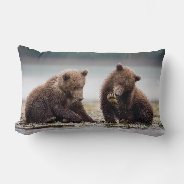 Brown Bear Cubs by the Stream Lumbar Cushion (Front)