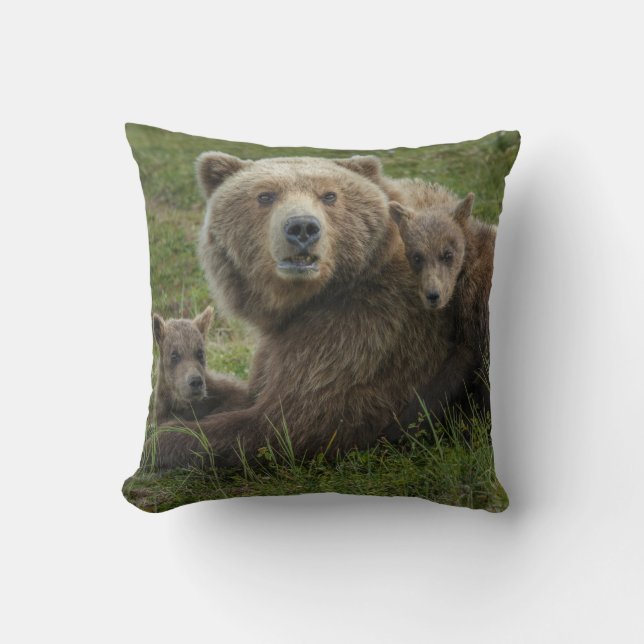 Brown Bear Cubs Cuddling with their Mother Cushion (Front)