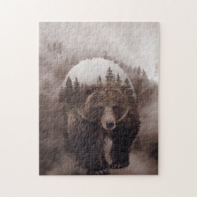 Brown Bear Double Exposure Forest Poster Jigsaw Puzzle (Vertical)