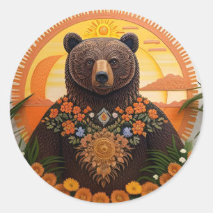 🐻 Brown Bear Floral Nature Animal Lovers Classic Round Sticker