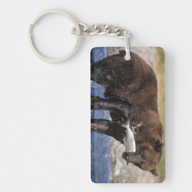 Brown bear, grizzly bear, with salmon catch, key ring (Front)