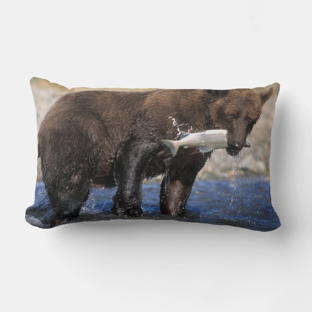 Brown bear, grizzly bear, with salmon catch, lumbar cushion (Front)