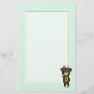 Brown Bear Holding a Yellow Flower saying Hello Stationery