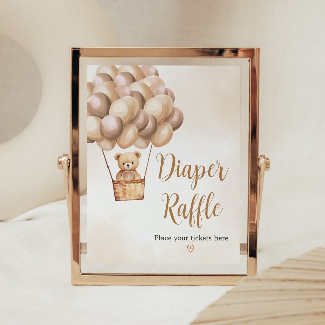 Brown Bear Hot Air Balloon Baby Diaper Raffle Poster (Boho Brown Bear Baby Shower Diaper Raffle Sign)