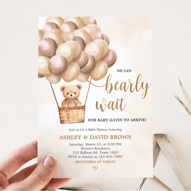 Brown Bear Hot Air Balloon Baby Shower Invitation (Boho Brown Bear Baby Shower Invitation)