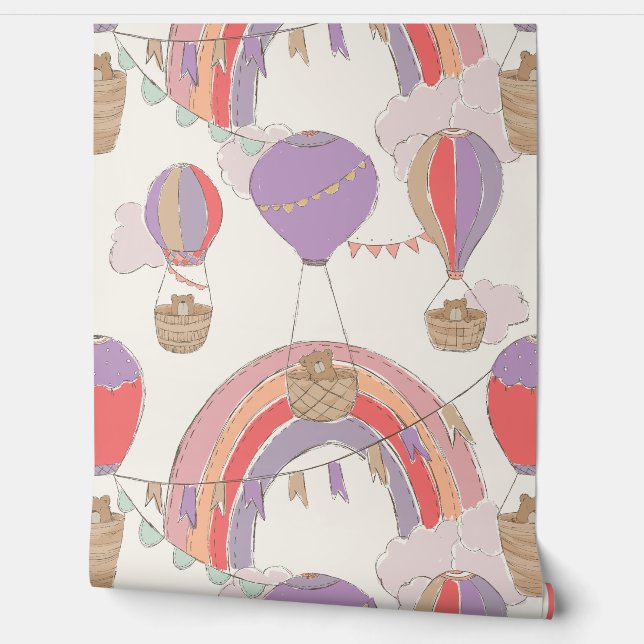 Brown Bear Hot Air Balloon Ride (Pink & Purple) Wallpaper (Unrolling)