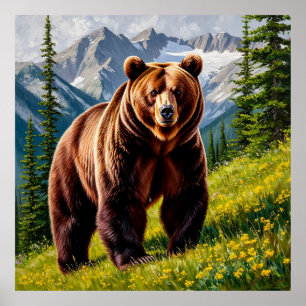 Brown Bear in a Mountain Meadow Poster