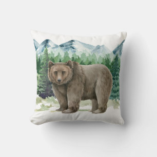 Brown Bear in Mountain Scene Cushion