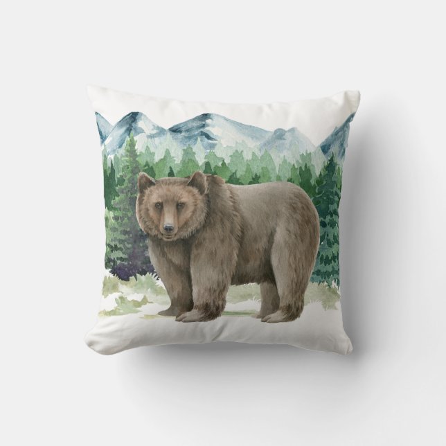 Brown Bear in Mountain Scene Cushion (Front)