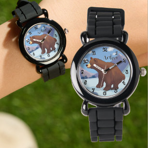 Brown bear in the mountain Funny Font Personalised Watch