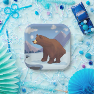 Brown bear in the mountains paper plate