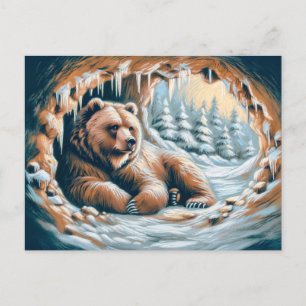 Brown Bear in Winter Cave Pastel Chalk Drawing Postcard