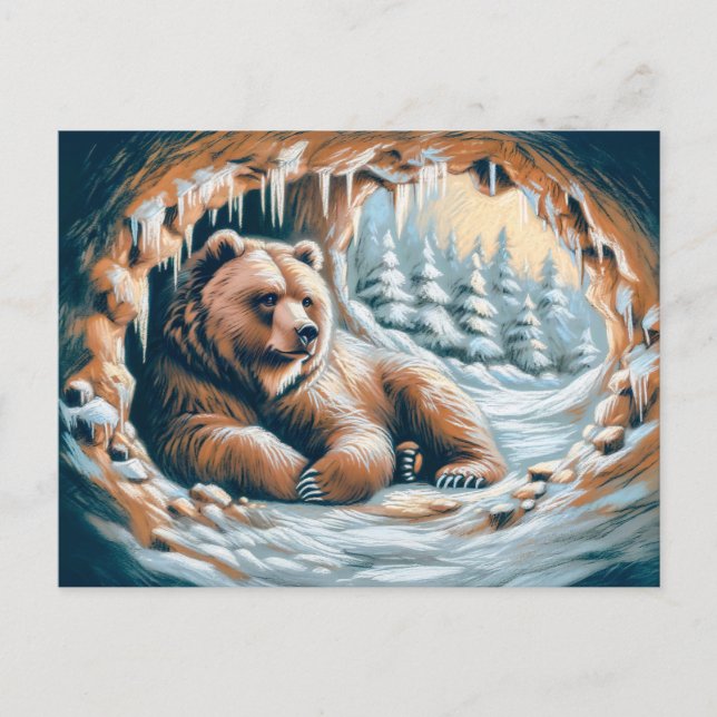 Brown Bear in Winter Cave Pastel Chalk Drawing Postcard (Front)
