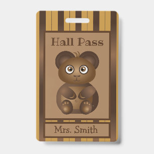 Brown bear kindergarten student hall pass ID badge