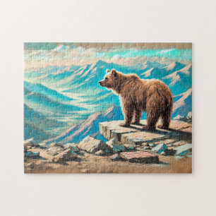 Brown Bear on Mountain Pastel Chalk Scene Jigsaw Puzzle