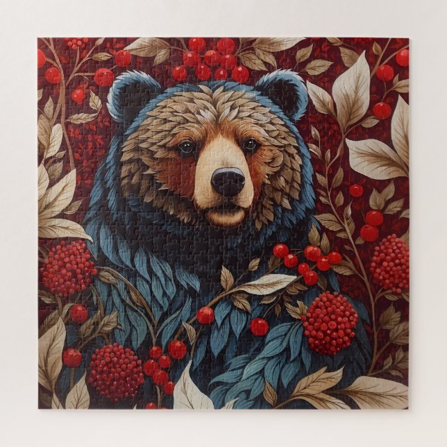 Brown Bear Red Berries William Morris Inspired Jigsaw Puzzle (Vertical)