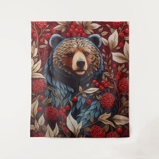 Brown Bear Red Berries William Morris Inspired Tapestry (Front)