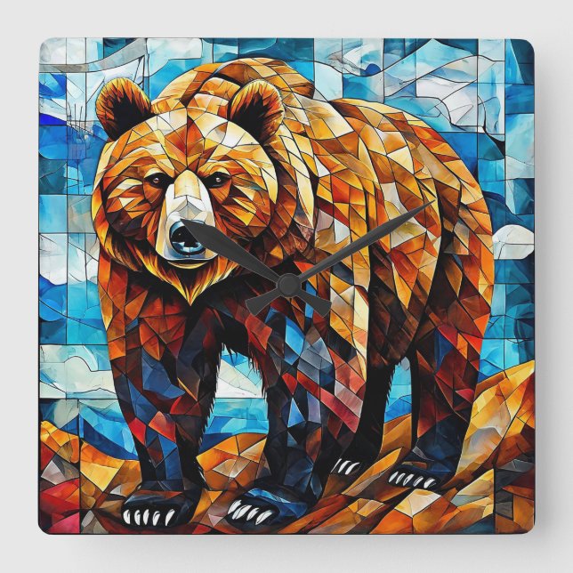 Brown Bear 🐻✨ Rustic Woodland Mosaic Nature Art Square Wall Clock (Front)