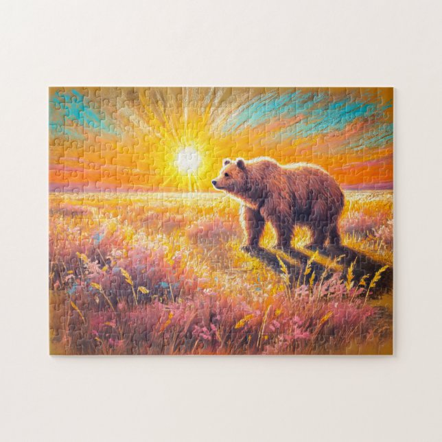 Brown Bear Sunset Pastel Chalk Artwork Jigsaw Puzzle (Horizontal)