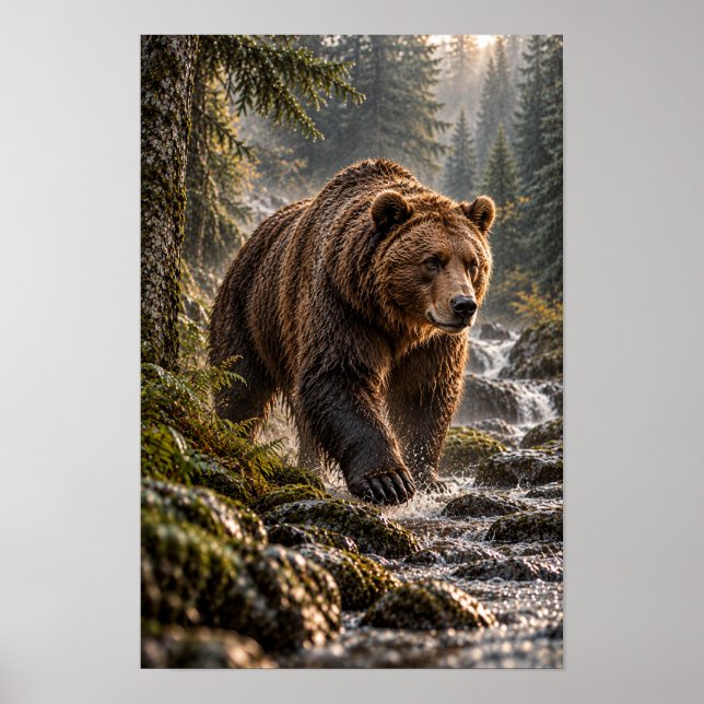 Brown Bear Walking Through Forest Stream Wildlife  Poster (Front)