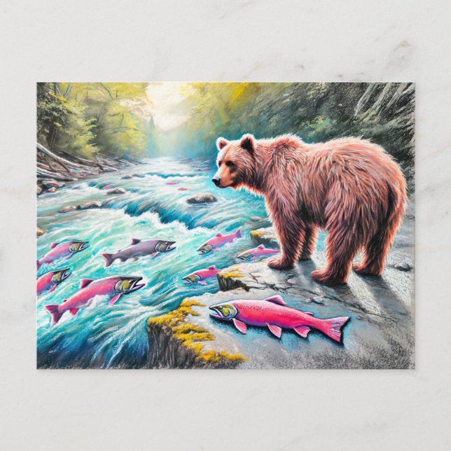Brown Bear Watching Salmon Pastel Chalk Drawing Postcard (Front)