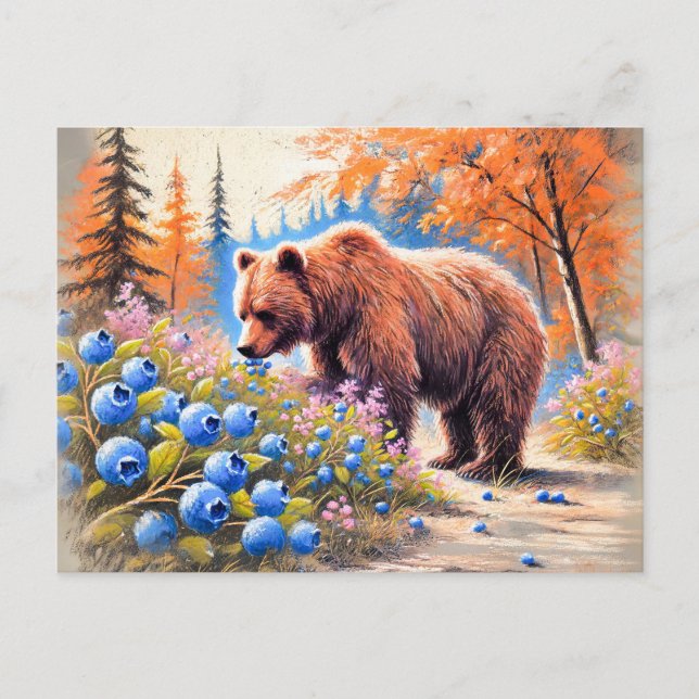 Brown Bear with Blueberries Pastel Chalk Art Postcard (Front)
