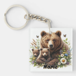 Brown Bear with Cubs Floral Meadow Wildlife Key Ring