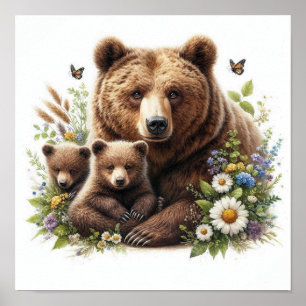 Brown Bear with Cubs in a Floral Meadow Poster