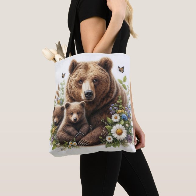 Brown Bear with Cubs in a Floral Meadow Tote Bag (Close Up)