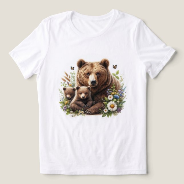Brown Bear with Cubs in a Floral Meadow Tri-Blend Shirt (Design Front)