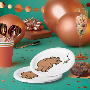Brown Bear with Falling Autumn Leaf Cute Wildlife  Paper Plate