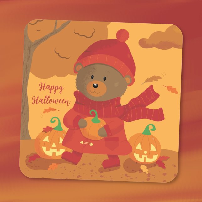 Brown Bear with Pumpkin Halloween Sticker (Brown bear with pumpkin Happy Halloween square sticker .)