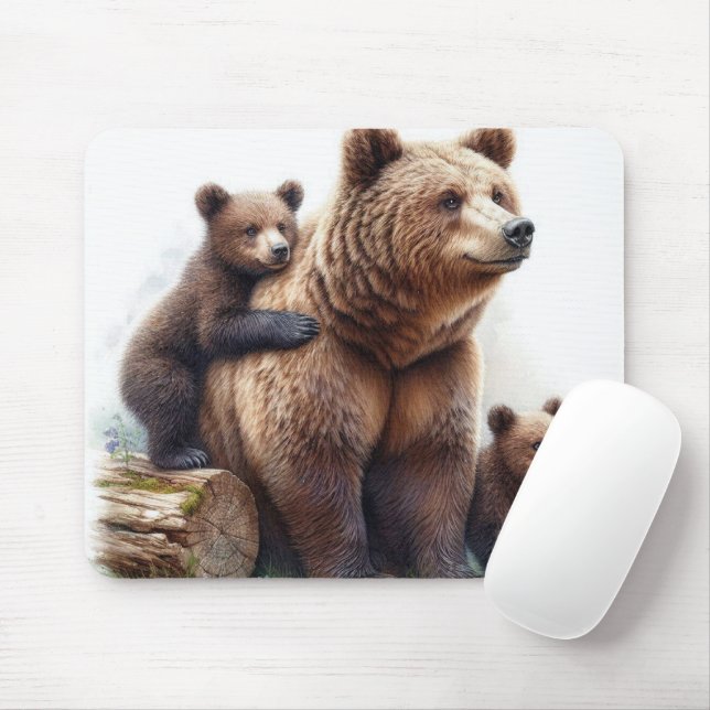 Brown Bear with Two Cubs Rustic Wildlife Mouse Pad (With Mouse)