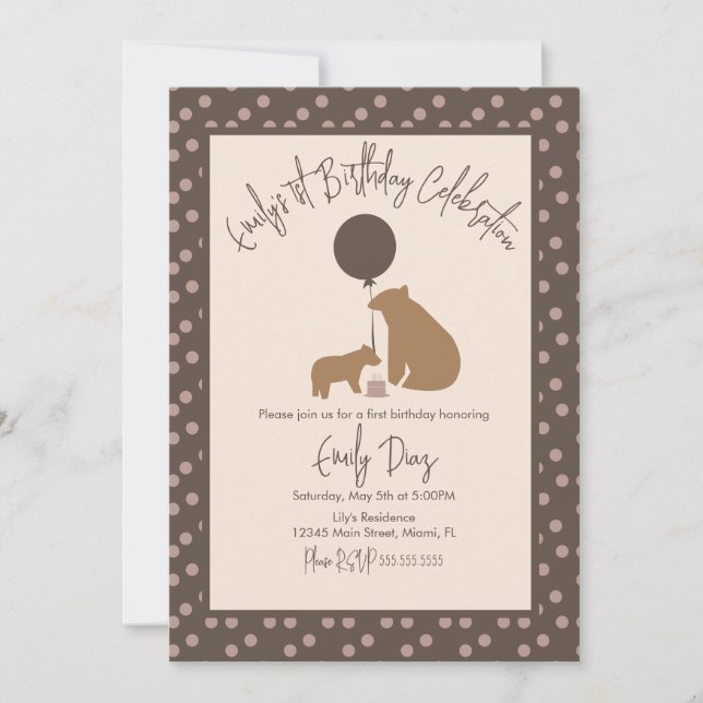 Brown Bears Balloon Cake First Birthday Party  Invitation (Front)