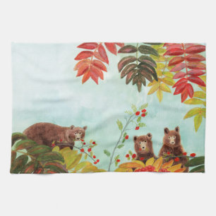 Brown Bears  Eating Red Rowan Berries   Tea Towel