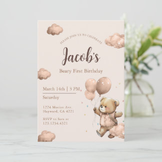 Brown Beary First Birthday Boy Invitation