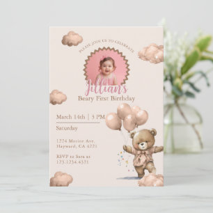 Brown Beary First Birthday Girl Photo Invitation