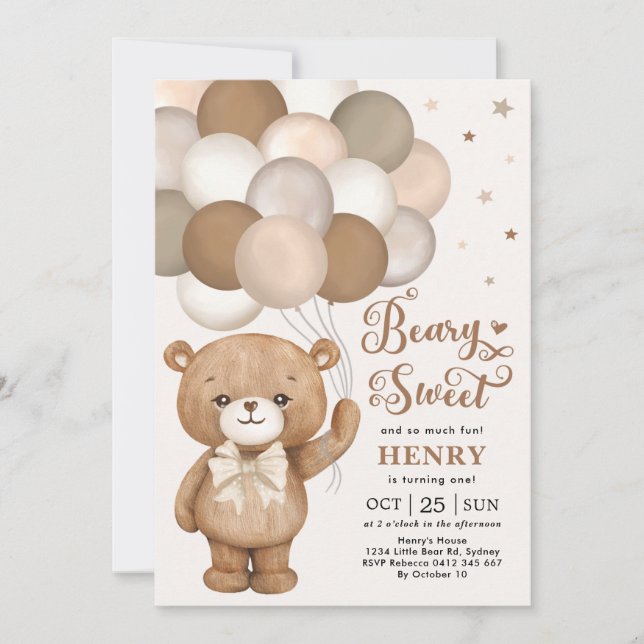 Brown Beary Sweet Teddy Bear Balloons Birthday Inv Invitation (Front)