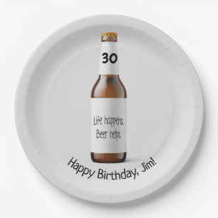 Brown beer bottle for 30th birthday paper plate