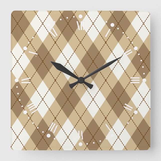Brown Beige Argyle  Pattern Acrylic Wall Clock (Front)