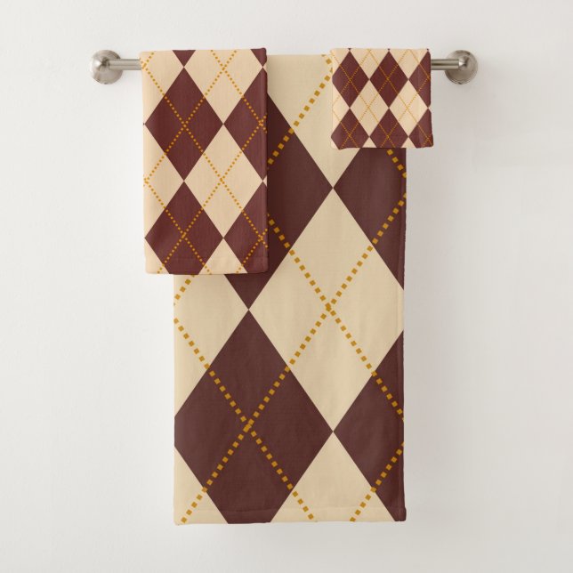 Brown Beige Autumn Fall Argyle Diamond Pattern  Bath Towel Set (Insitu)
