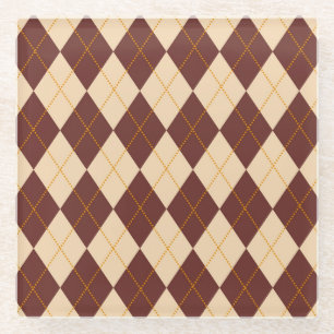 Brown Beige Autumn Fall Argyle Diamond Pattern Glass Coaster